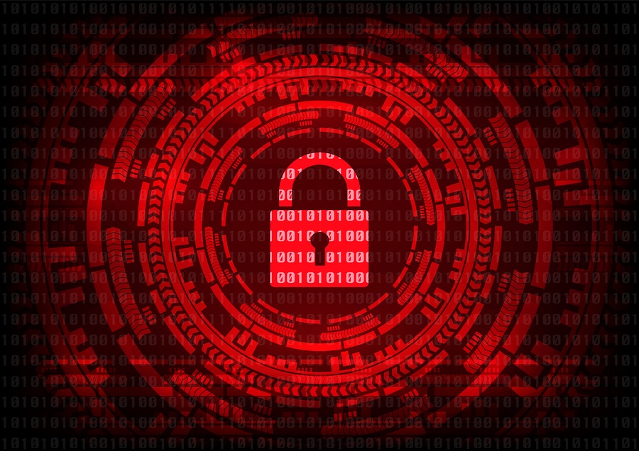 Abstract Malware Ransomware virus encrypted files with keypad on binary bit red background. Vector illustration cybercrime and cyber security concept.