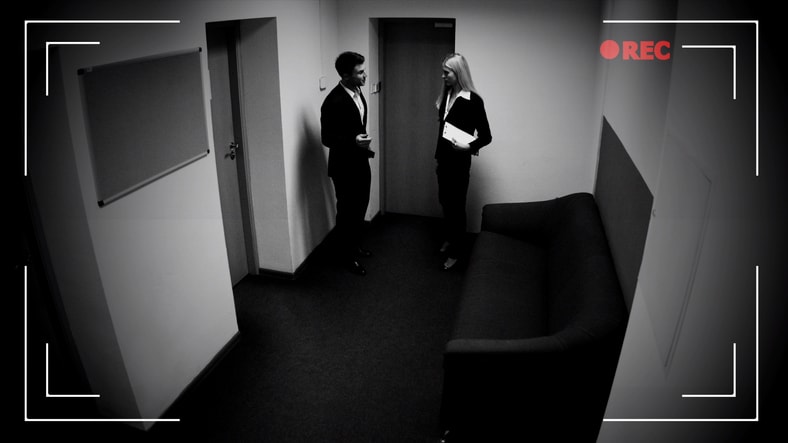 Two employees chatting on security camera